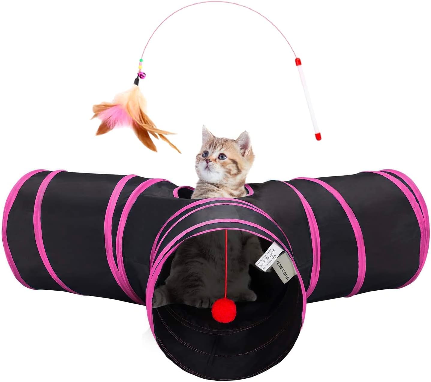 Tempcore Pet Cat Tunnel Tube Toys 3 Way Collapsible, Tunnels for Indoor Cats, Interactive Tube with Teaser Wand, Peek Holes & Hanging Ball, Black & Blue