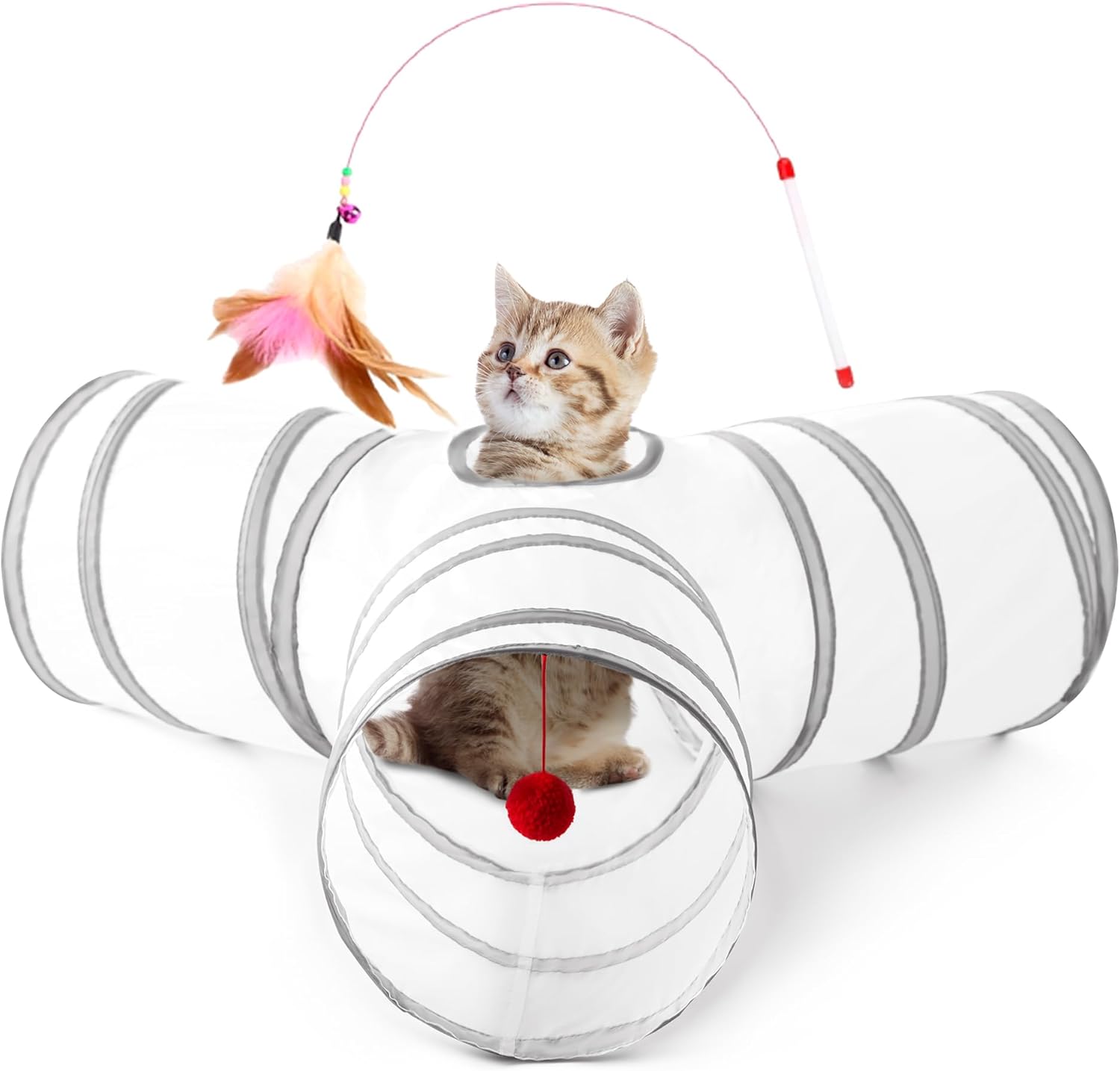 Tempcore Pet Cat Tunnel Tube Toys 3 Way Collapsible, Tunnels for Indoor Cats, Interactive Tube with Teaser Wand, Peek Holes & Hanging Ball, Black & Blue