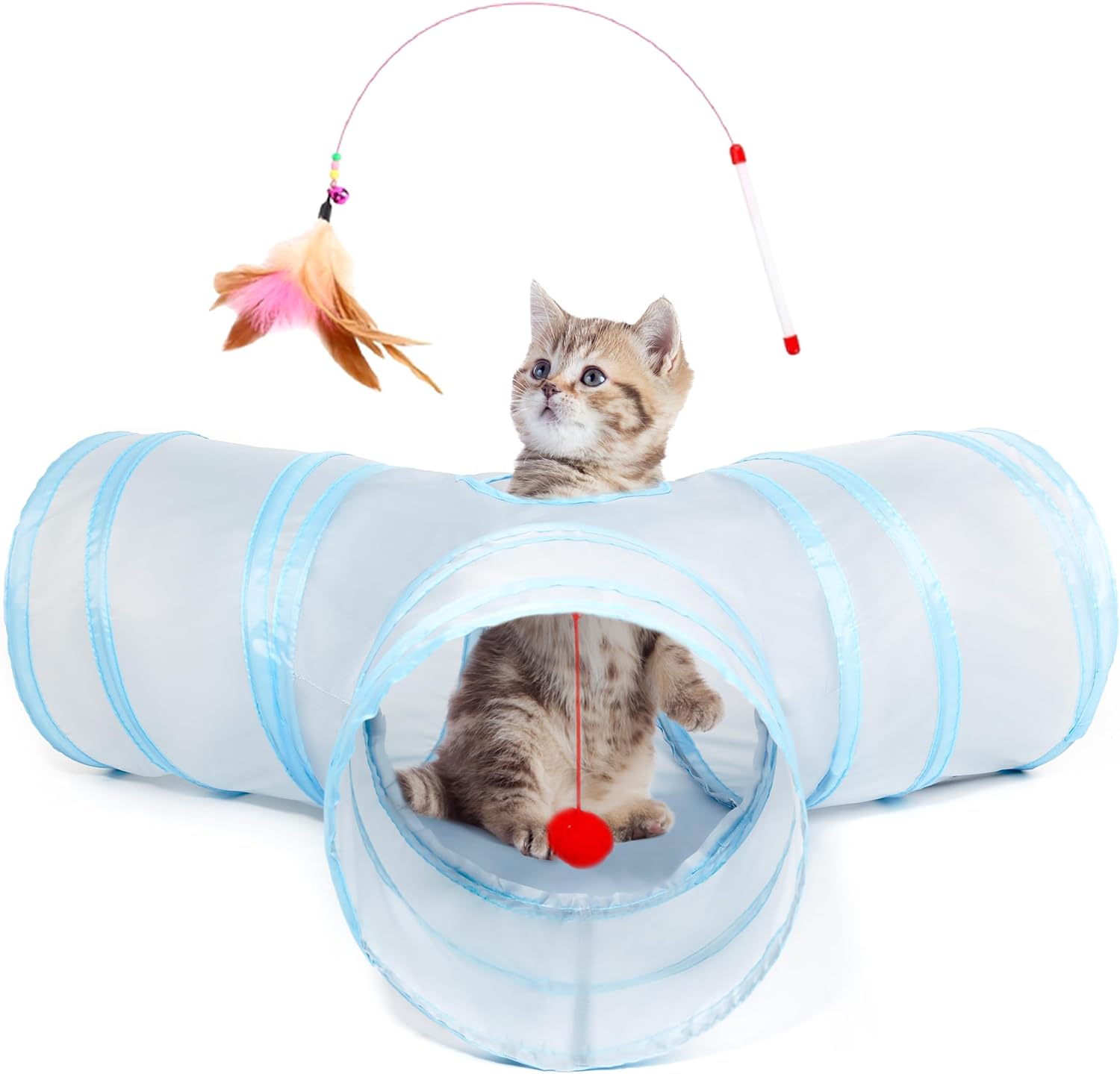 Tempcore Pet Cat Tunnel Tube Toys 3 Way Collapsible, Tunnels for Indoor Cats, Interactive Tube with Teaser Wand, Peek Holes & Hanging Ball, Black & Blue