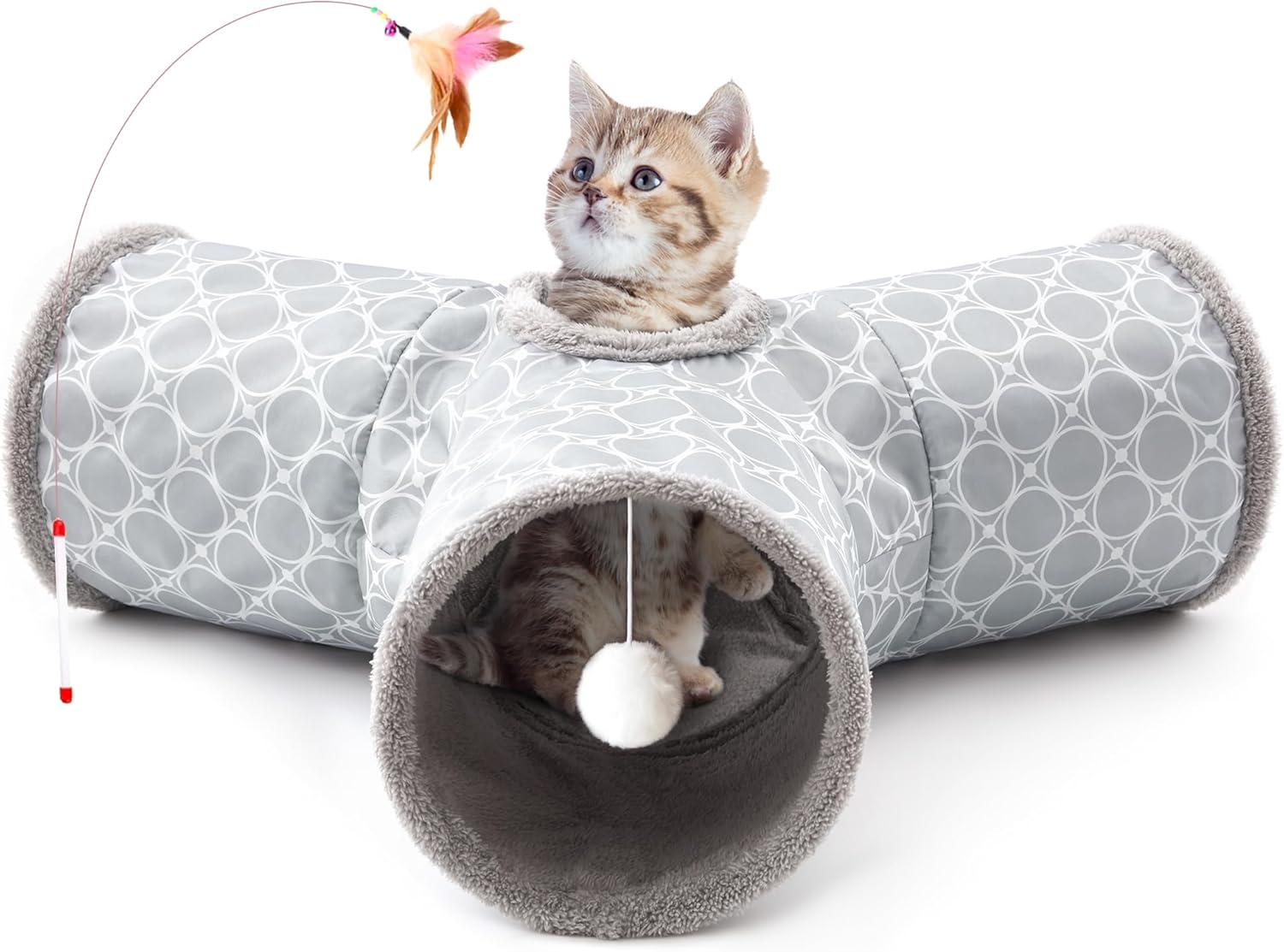 Tempcore Pet Cat Tunnel Tube Toys 3 Way Collapsible, Tunnels for Indoor Cats, Interactive Tube with Teaser Wand, Peek Holes & Hanging Ball, Black & Blue