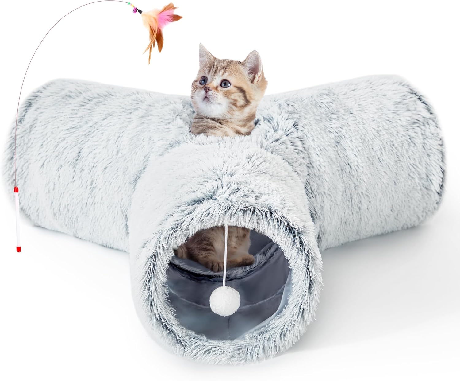 Tempcore Pet Cat Tunnel Tube Toys 3 Way Collapsible, Tunnels for Indoor Cats, Interactive Tube with Teaser Wand, Peek Holes & Hanging Ball, Black & Blue