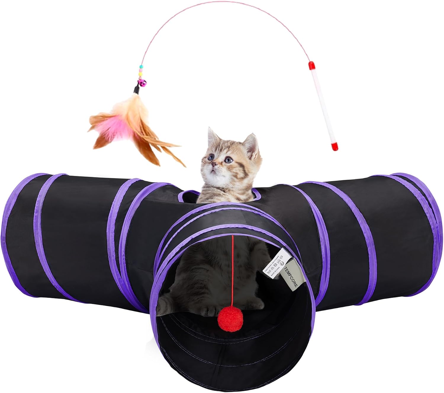 Tempcore Pet Cat Tunnel Tube Toys 3 Way Collapsible, Tunnels for Indoor Cats, Interactive Tube with Teaser Wand, Peek Holes & Hanging Ball, Black & Blue