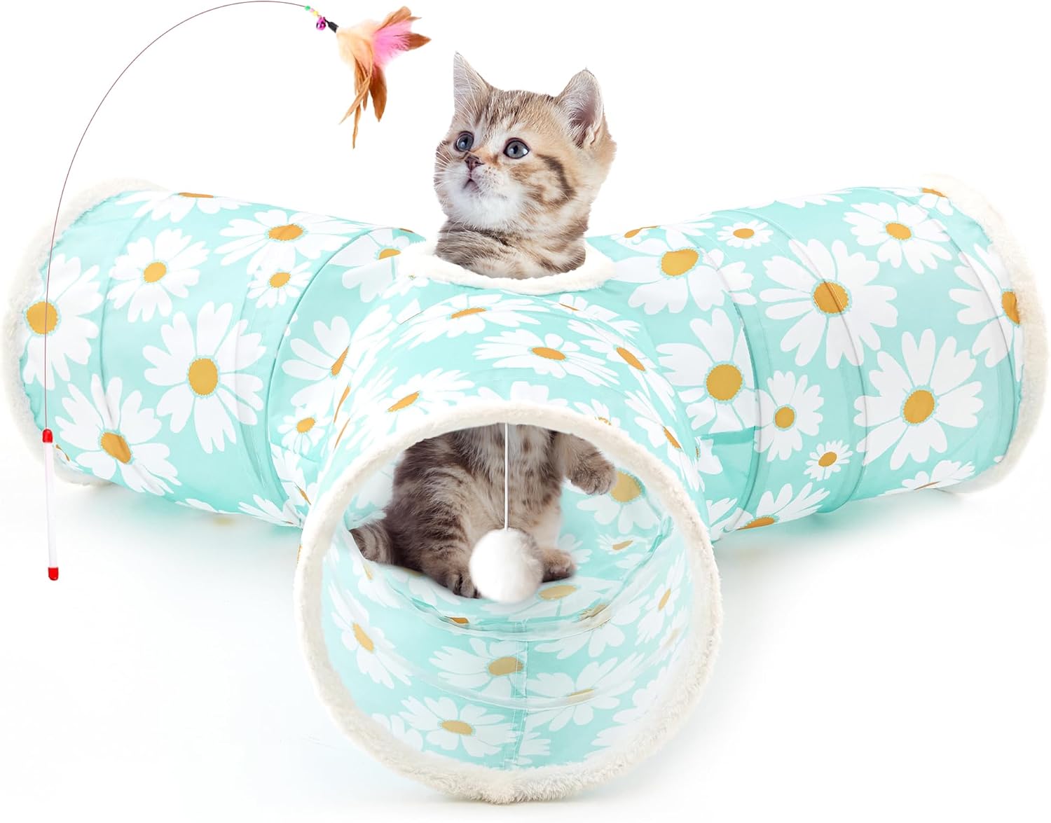 Tempcore Pet Cat Tunnel Tube Toys 3 Way Collapsible, Tunnels for Indoor Cats, Interactive Tube with Teaser Wand, Peek Holes & Hanging Ball, Black & Blue