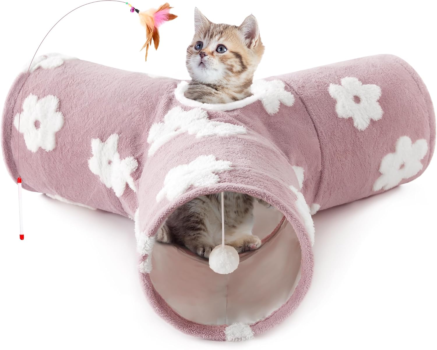 Tempcore Pet Cat Tunnel Tube Toys 3 Way Collapsible, Tunnels for Indoor Cats, Interactive Tube with Teaser Wand, Peek Holes & Hanging Ball, Black & Blue