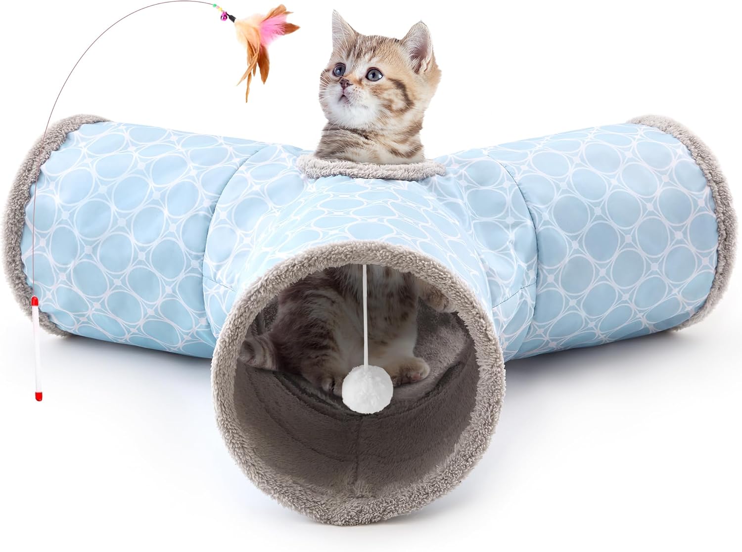 Tempcore Pet Cat Tunnel Tube Toys 3 Way Collapsible, Tunnels for Indoor Cats, Interactive Tube with Teaser Wand, Peek Holes & Hanging Ball, Black & Blue