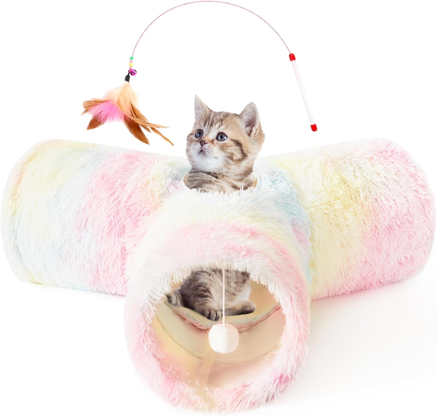 Tempcore Pet Cat Tunnel Tube Toys 3 Way Collapsible, Tunnels for Indoor Cats, Interactive Tube with Teaser Wand, Peek Holes & Hanging Ball, Black & Blue