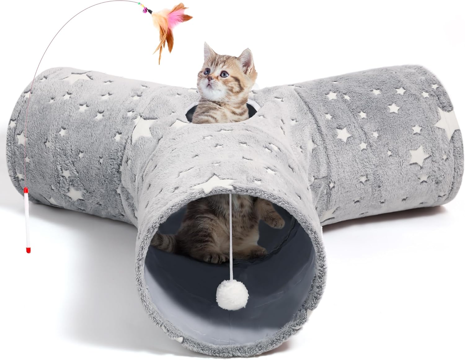Tempcore Pet Cat Tunnel Tube Toys 3 Way Collapsible, Tunnels for Indoor Cats, Interactive Tube with Teaser Wand, Peek Holes & Hanging Ball, Black & Blue