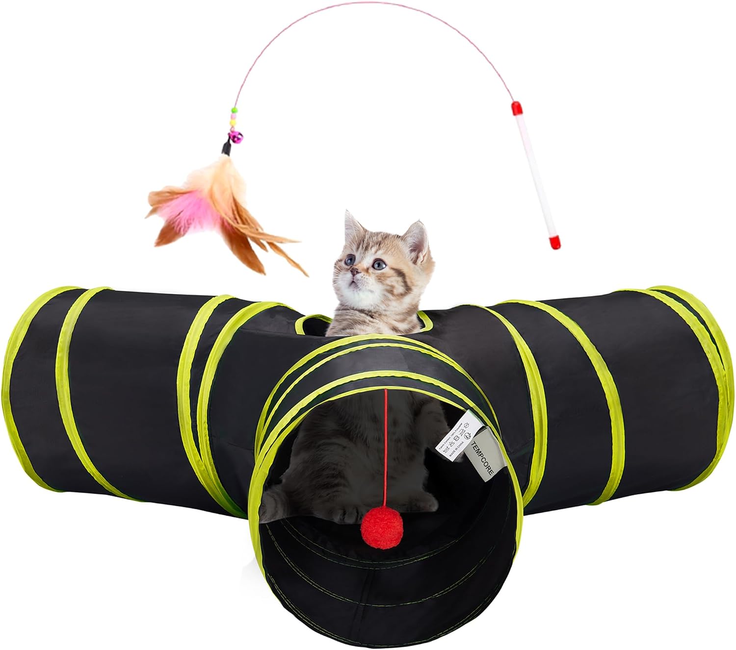 Tempcore Pet Cat Tunnel Tube Toys 3 Way Collapsible, Tunnels for Indoor Cats, Interactive Tube with Teaser Wand, Peek Holes & Hanging Ball, Black & Blue