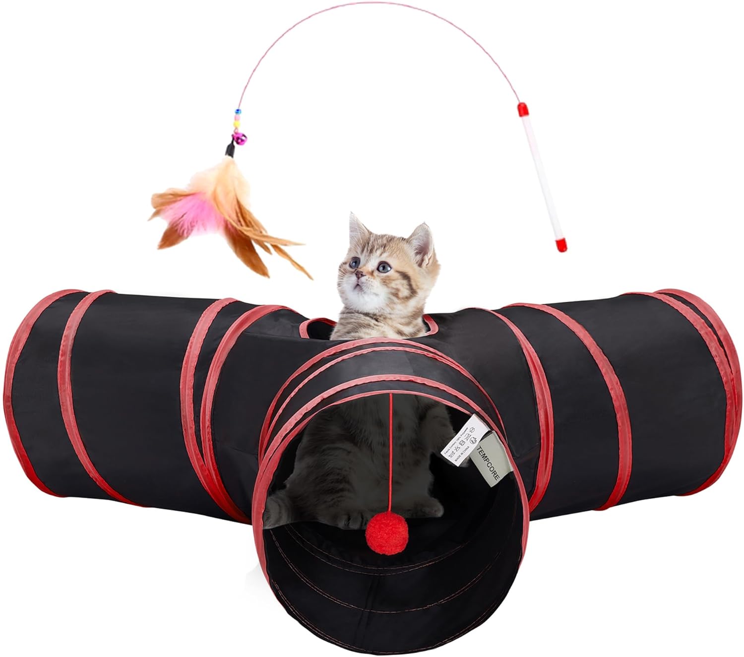 Tempcore Pet Cat Tunnel Tube Toys 3 Way Collapsible, Tunnels for Indoor Cats, Interactive Tube with Teaser Wand, Peek Holes & Hanging Ball, Black & Blue