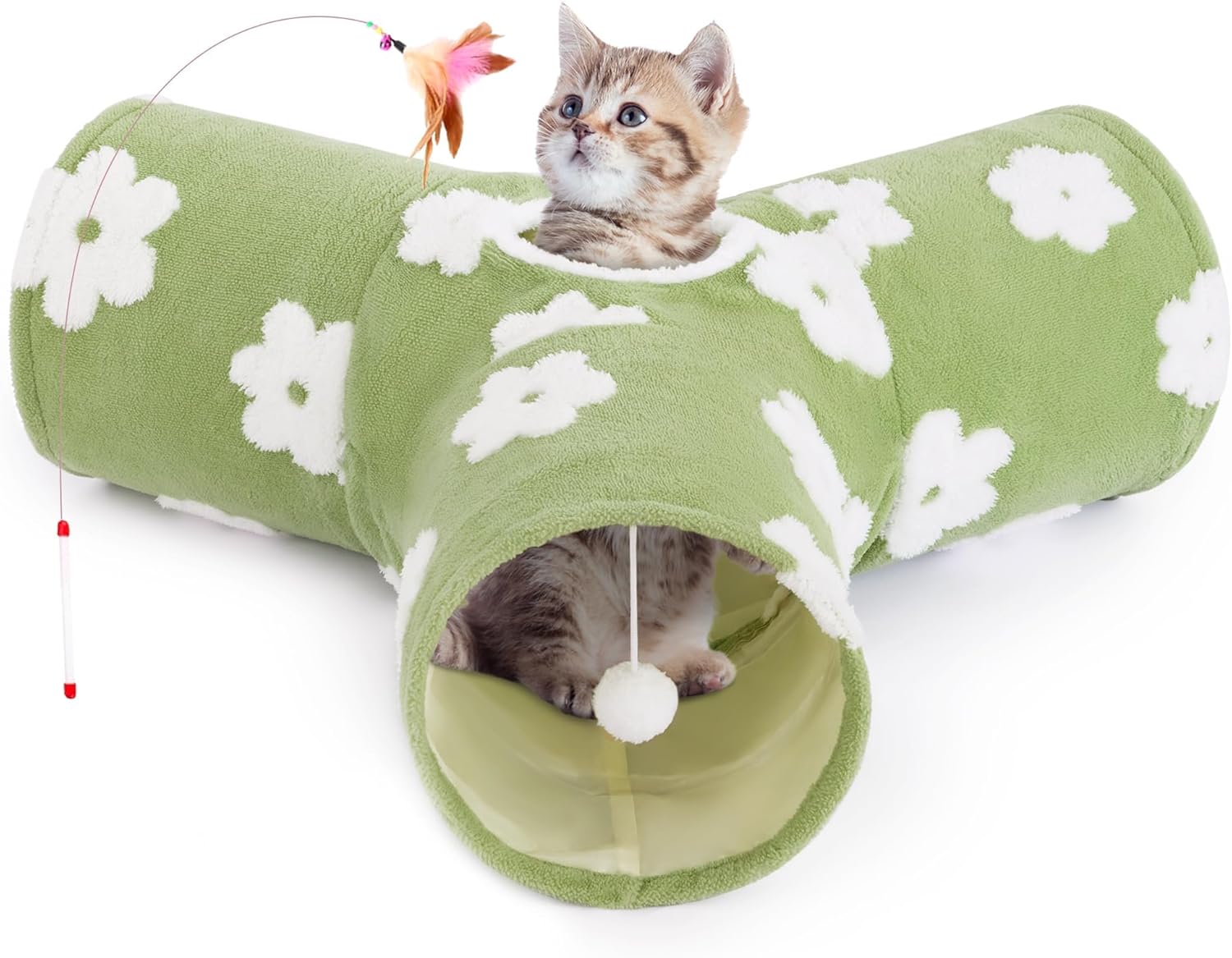 Tempcore Pet Cat Tunnel Tube Toys 3 Way Collapsible, Tunnels for Indoor Cats, Interactive Tube with Teaser Wand, Peek Holes & Hanging Ball, Black & Blue