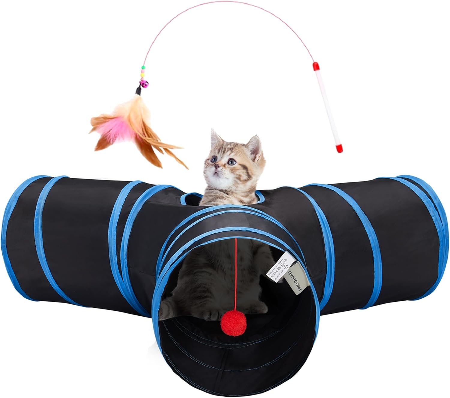 Tempcore Pet Cat Tunnel Tube Toys 3 Way Collapsible, Tunnels for Indoor Cats, Interactive Tube with Teaser Wand, Peek Holes & Hanging Ball, Black & Blue