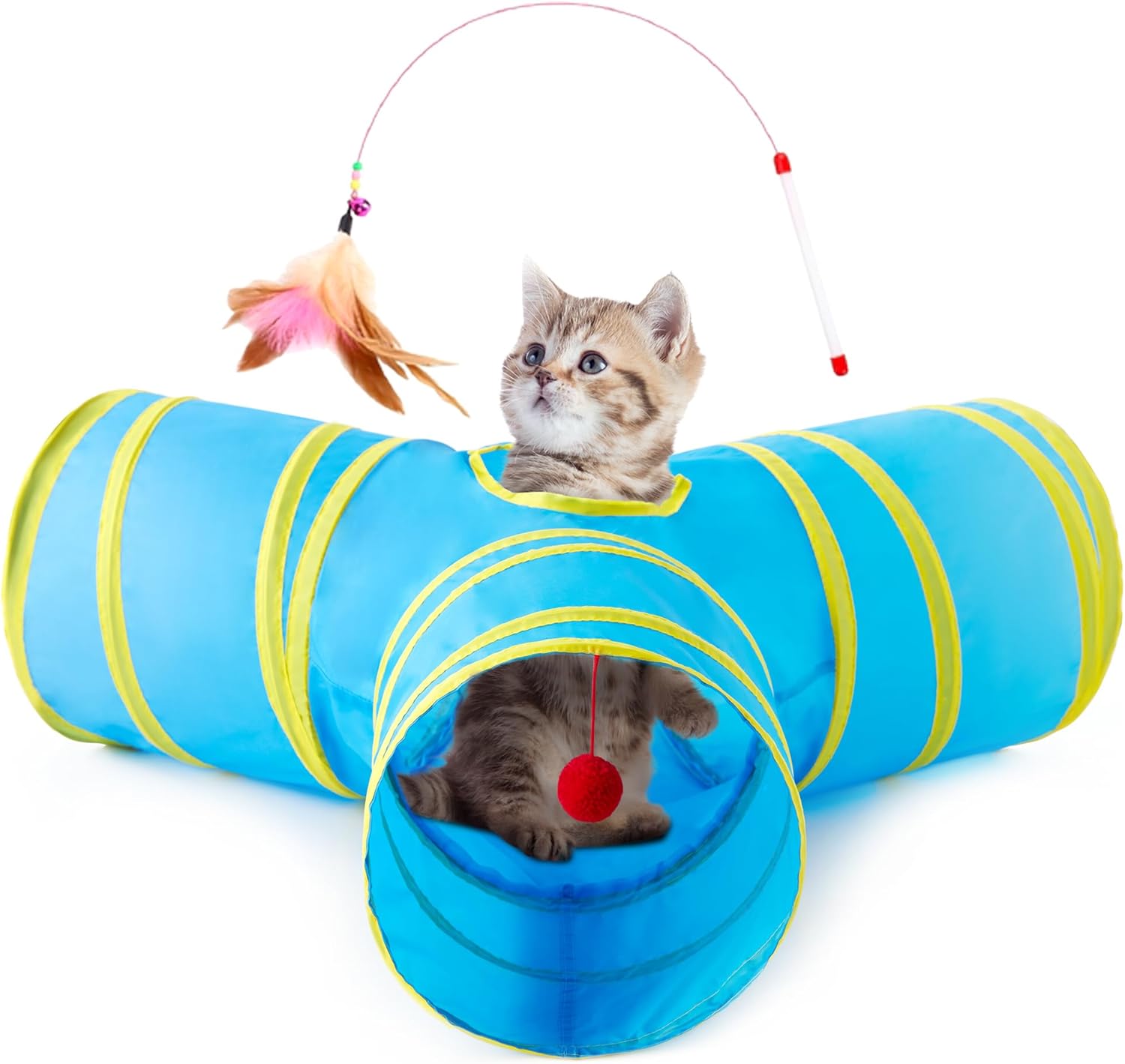 Tempcore Pet Cat Tunnel Tube Toys 3 Way Collapsible, Tunnels for Indoor Cats, Interactive Tube with Teaser Wand, Peek Holes & Hanging Ball, Black & Blue