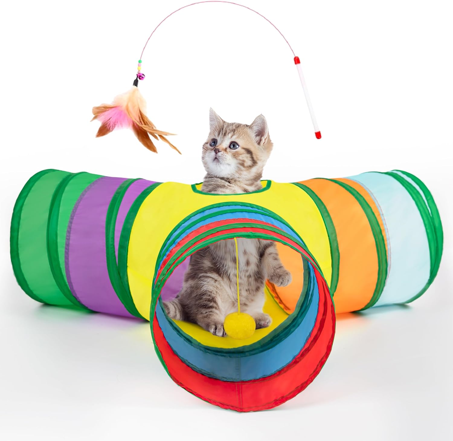 Tempcore Pet Cat Tunnel Tube Toys 3 Way Collapsible, Tunnels for Indoor Cats, Interactive Tube with Teaser Wand, Peek Holes & Hanging Ball, Black & Blue