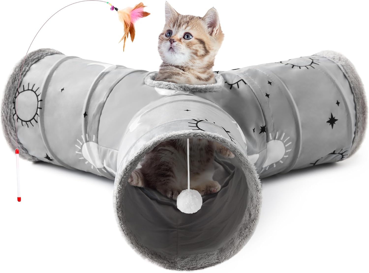 Tempcore Pet Cat Tunnel Tube Toys 3 Way Collapsible, Tunnels for Indoor Cats, Interactive Tube with Teaser Wand, Peek Holes & Hanging Ball, Black & Blue