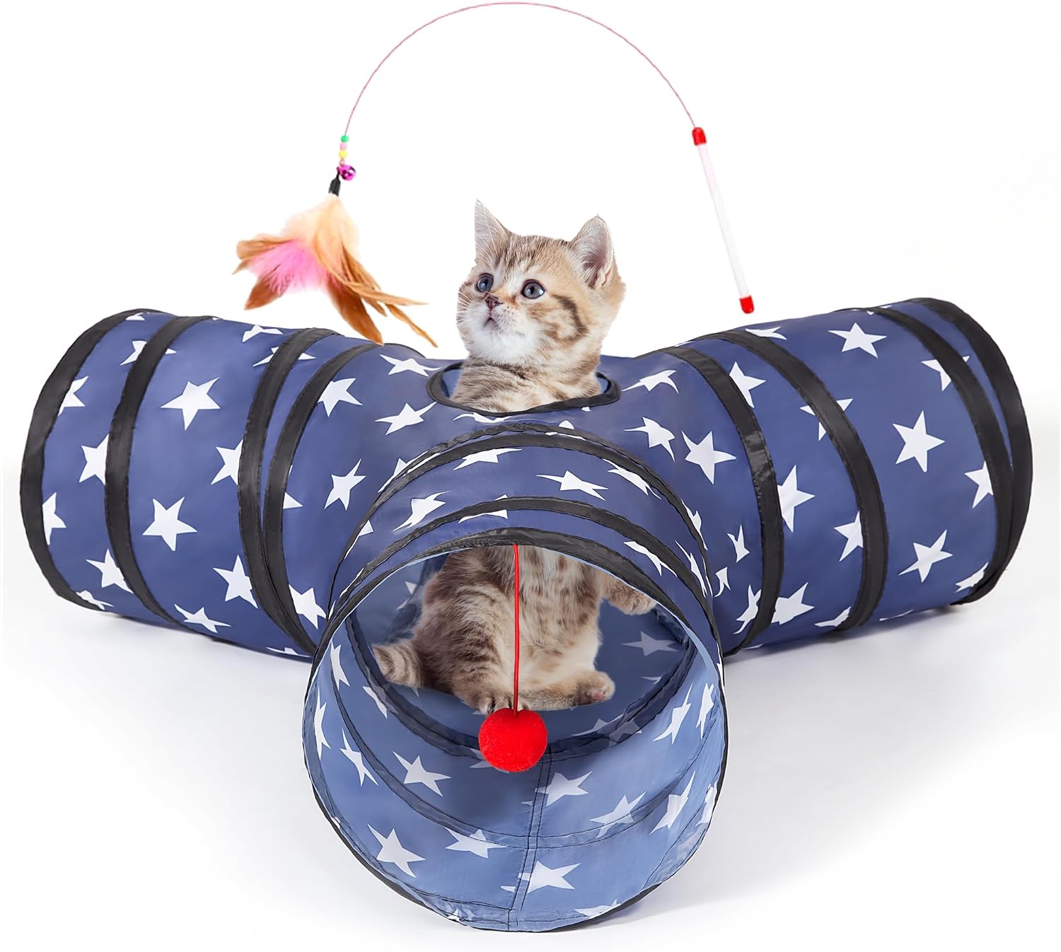Tempcore Pet Cat Tunnel Tube Toys 3 Way Collapsible, Tunnels for Indoor Cats, Interactive Tube with Teaser Wand, Peek Holes & Hanging Ball, Black & Blue