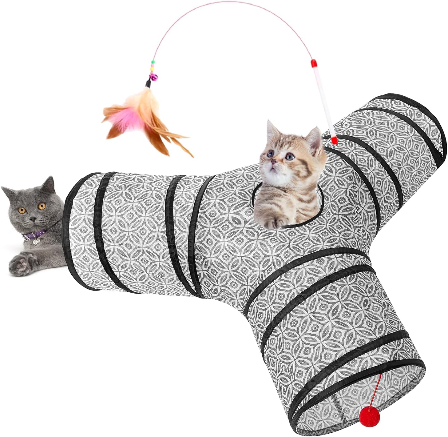 Tempcore Pet Cat Tunnel Tube Toys 3 Way Collapsible, Tunnels for Indoor Cats, Interactive Tube with Teaser Wand, Peek Holes & Hanging Ball, Black & Blue
