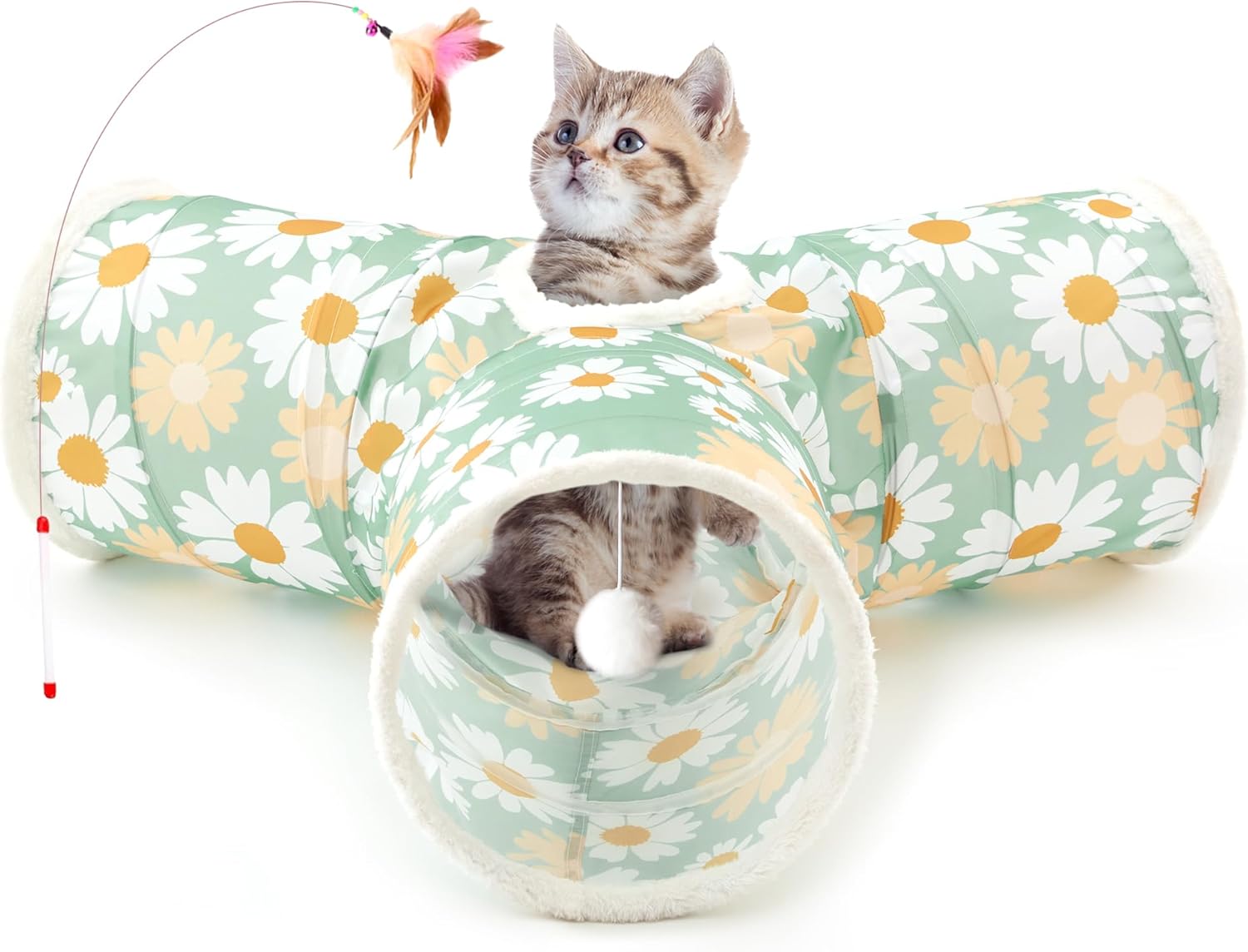 Tempcore Pet Cat Tunnel Tube Toys 3 Way Collapsible, Tunnels for Indoor Cats, Interactive Tube with Teaser Wand, Peek Holes & Hanging Ball, Black & Blue