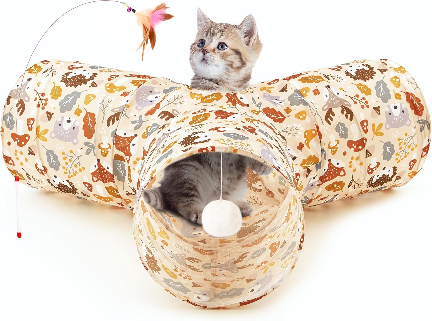Tempcore Pet Cat Tunnel Tube Toys 3 Way Collapsible, Tunnels for Indoor Cats, Interactive Tube with Teaser Wand, Peek Holes & Hanging Ball, Black & Blue