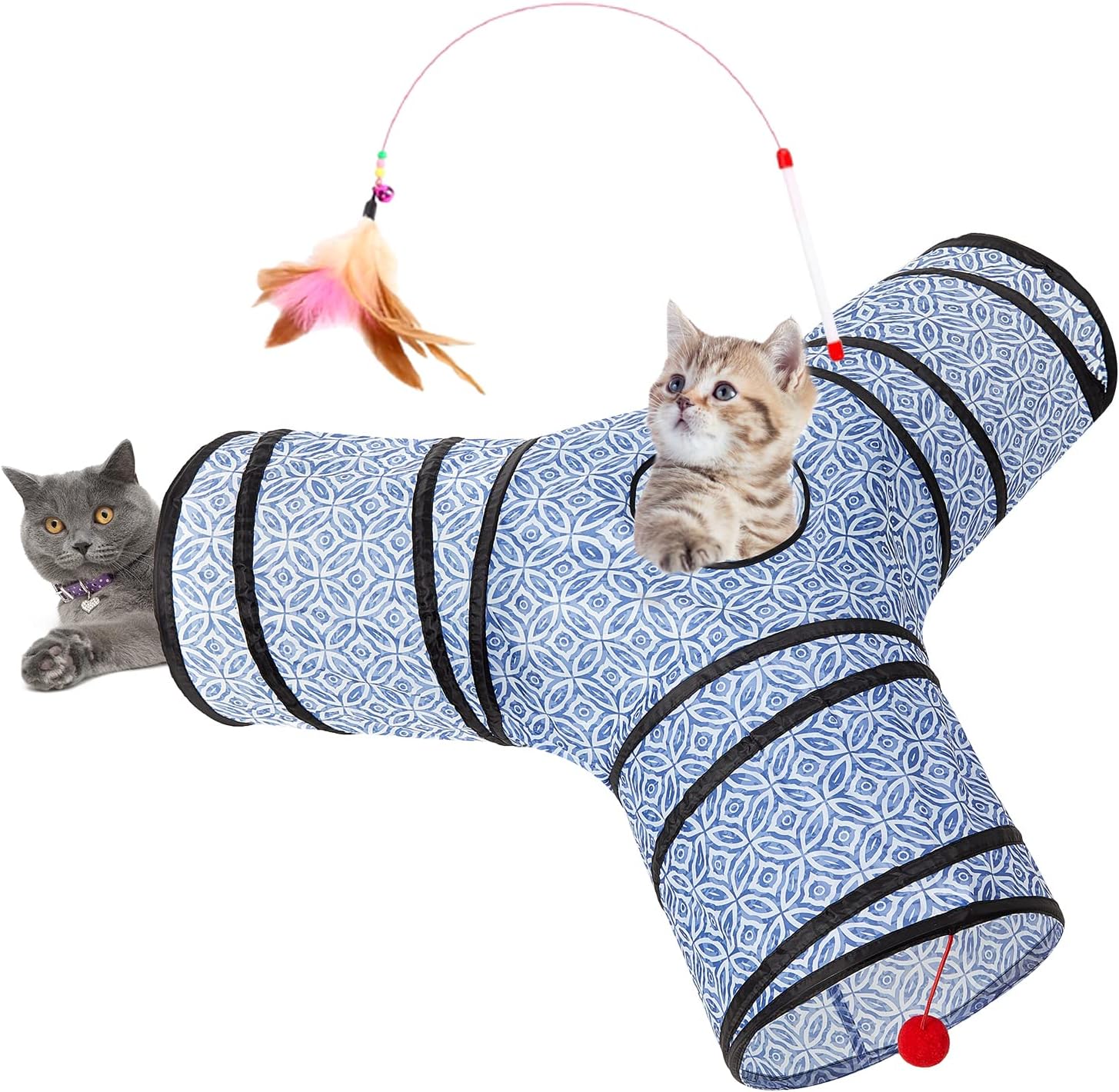 Tempcore Pet Cat Tunnel Tube Toys 3 Way Collapsible, Tunnels for Indoor Cats, Interactive Tube with Teaser Wand, Peek Holes & Hanging Ball, Black & Blue