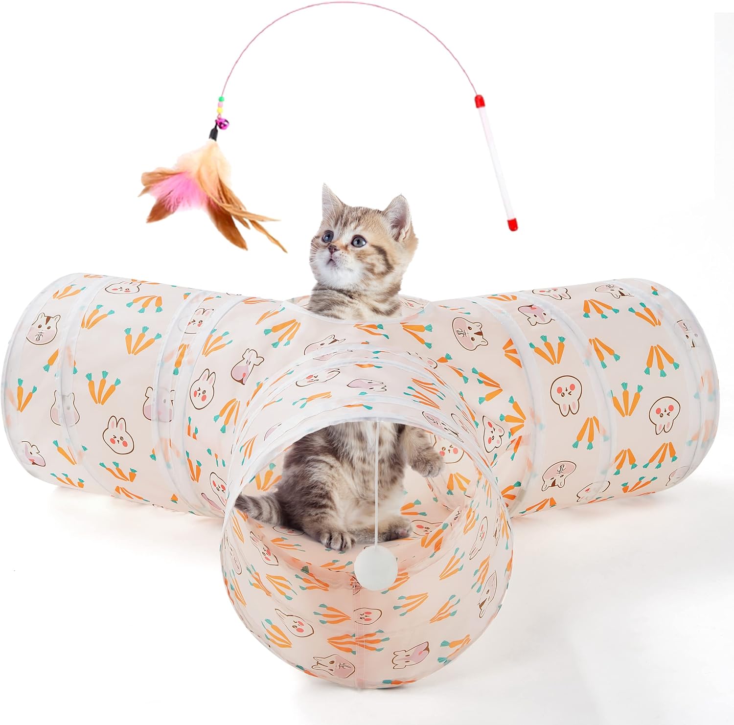 Tempcore Pet Cat Tunnel Tube Toys 3 Way Collapsible, Tunnels for Indoor Cats, Interactive Tube with Teaser Wand, Peek Holes & Hanging Ball, Black & Blue
