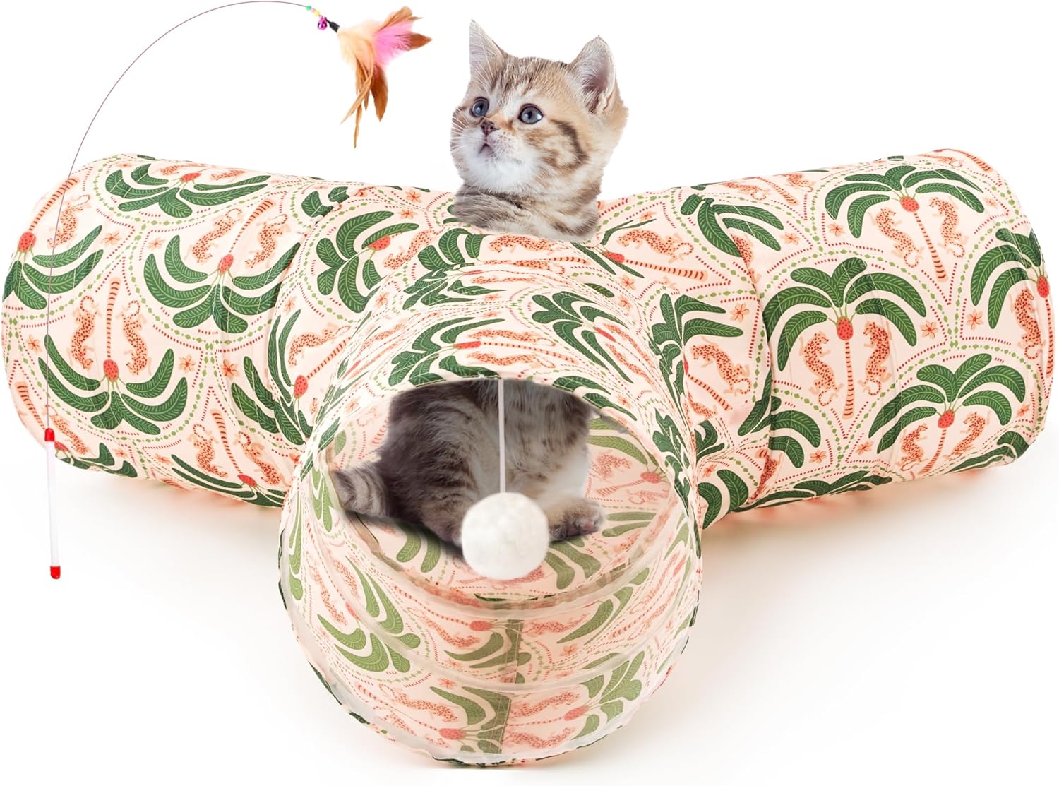 Tempcore Pet Cat Tunnel Tube Toys 3 Way Collapsible, Tunnels for Indoor Cats, Interactive Tube with Teaser Wand, Peek Holes & Hanging Ball, Black & Blue